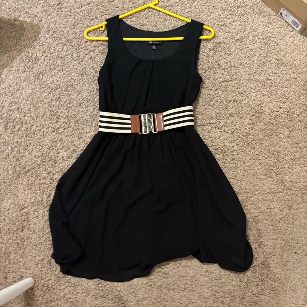 1 hr sale BCX Black Sleeveless Mini Dress with Striped Waist Belt Xs. NWOT